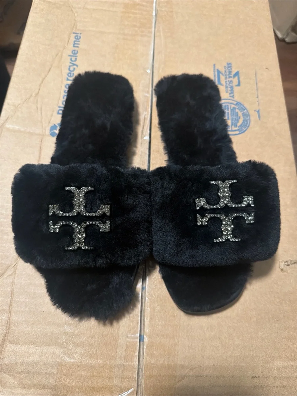 Tory Burch Double T Black Sheepskin Shearling Slide Slippers Womens 6.5 no box